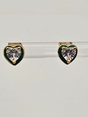 925 Sterling Silver Gold Plated Heart Earrings CZ Green Enamel Stud  Pierced